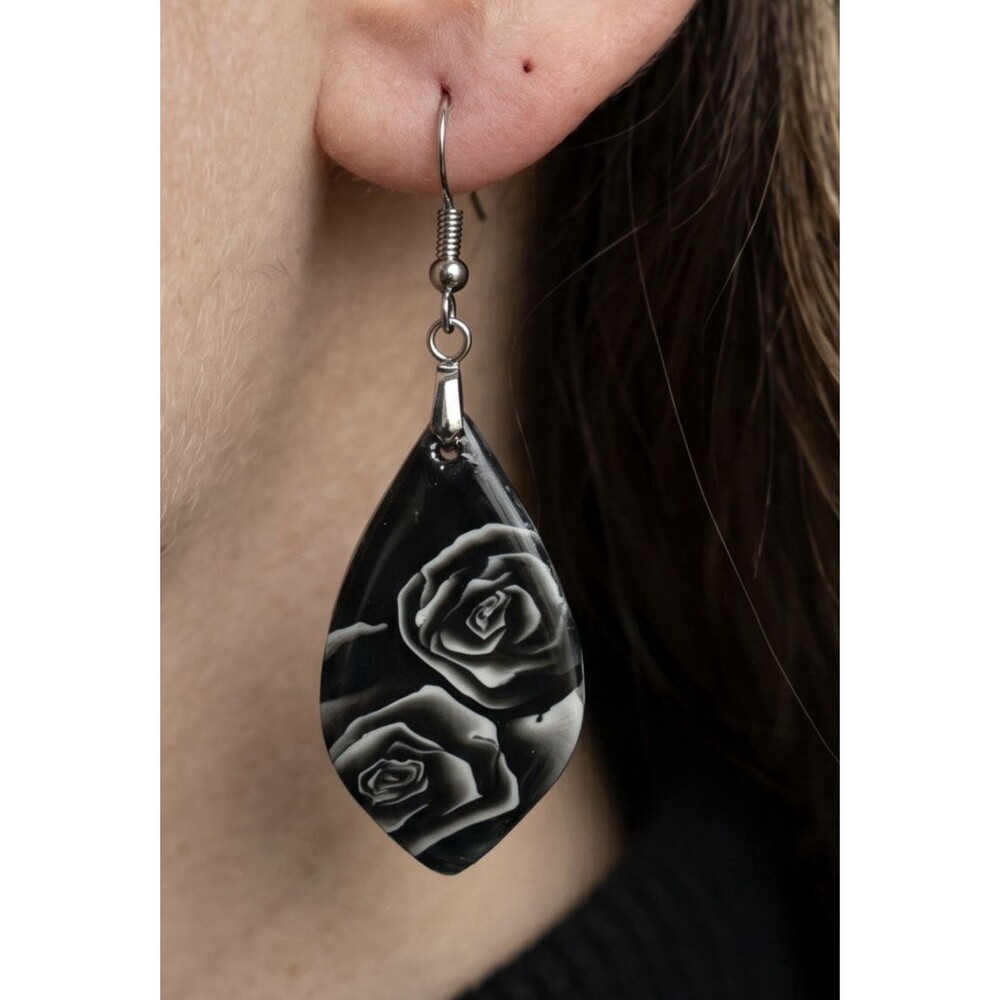 Handmade Black White Rose Polymer Clay Dangle Statement Floral Earrings